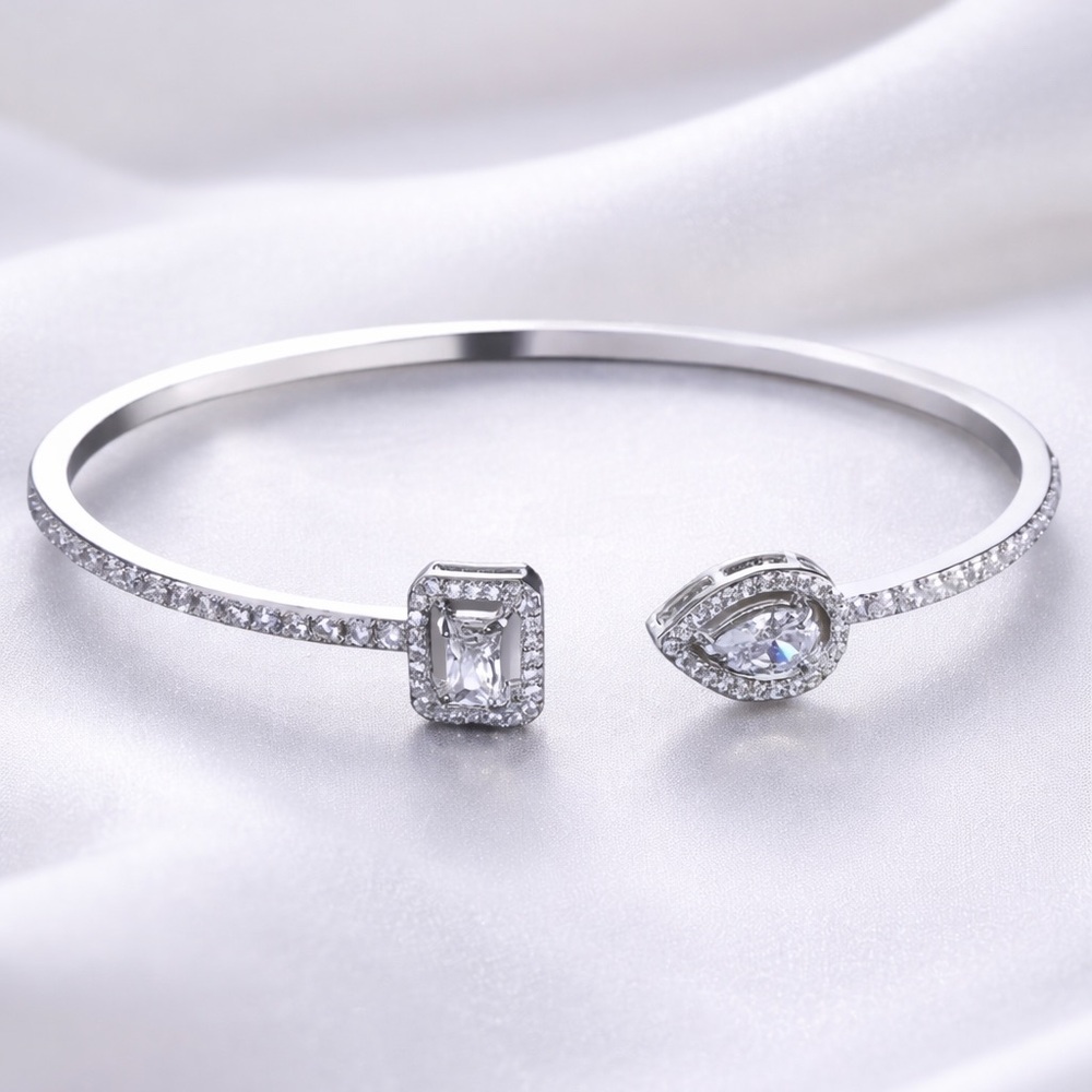 Silver Open Cuff Bangle – Cubic Zirconia Geometric Bracelet